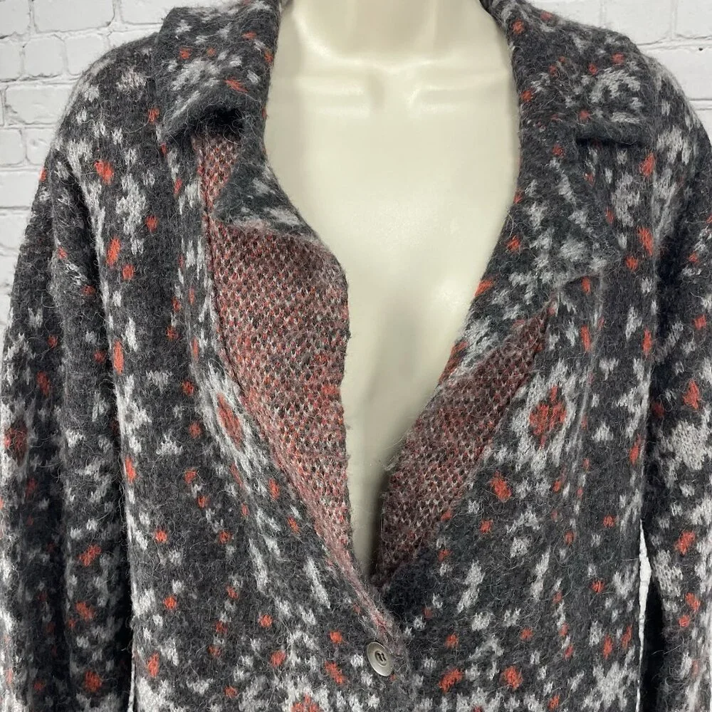 Free People Grey Print Wool Alpaca Blend Button Up Collar Cardigan Size Medium M